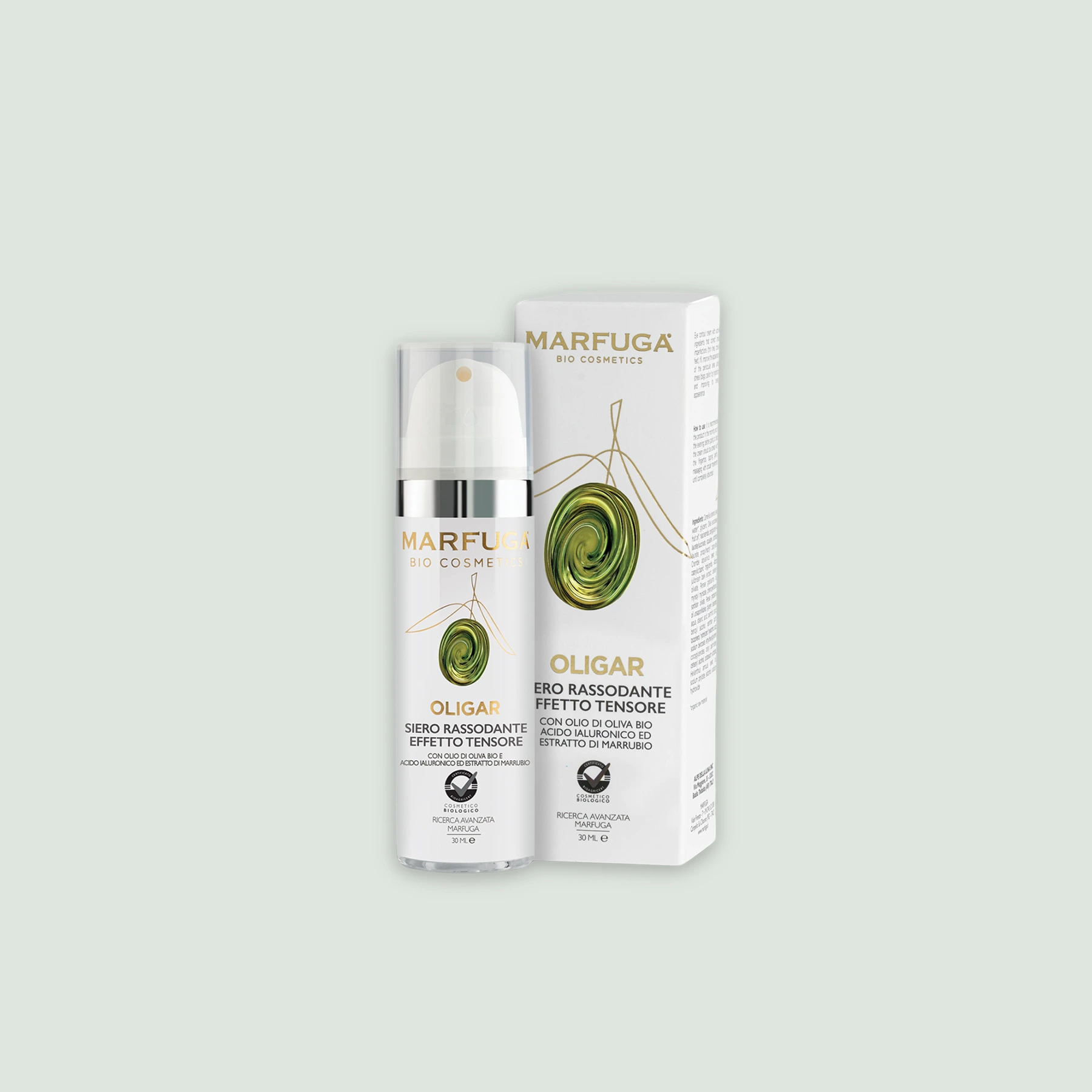 The OLIGAR Anti-Aging Serum bottle displayed alongside its packaging, highlighting the product's branding and organic ingredients.