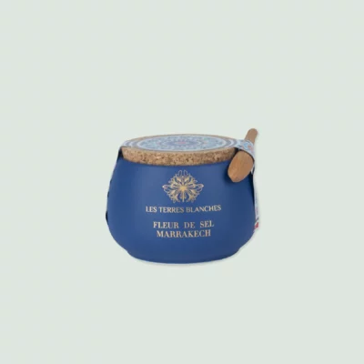 Fleur de Sel de Marrakech in Majorelle blue ceramic jar with spoon – front view