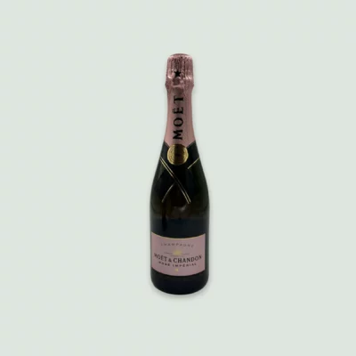 Front view of Moët Rosé Impérial Champagne bottle with pink and gold accents.