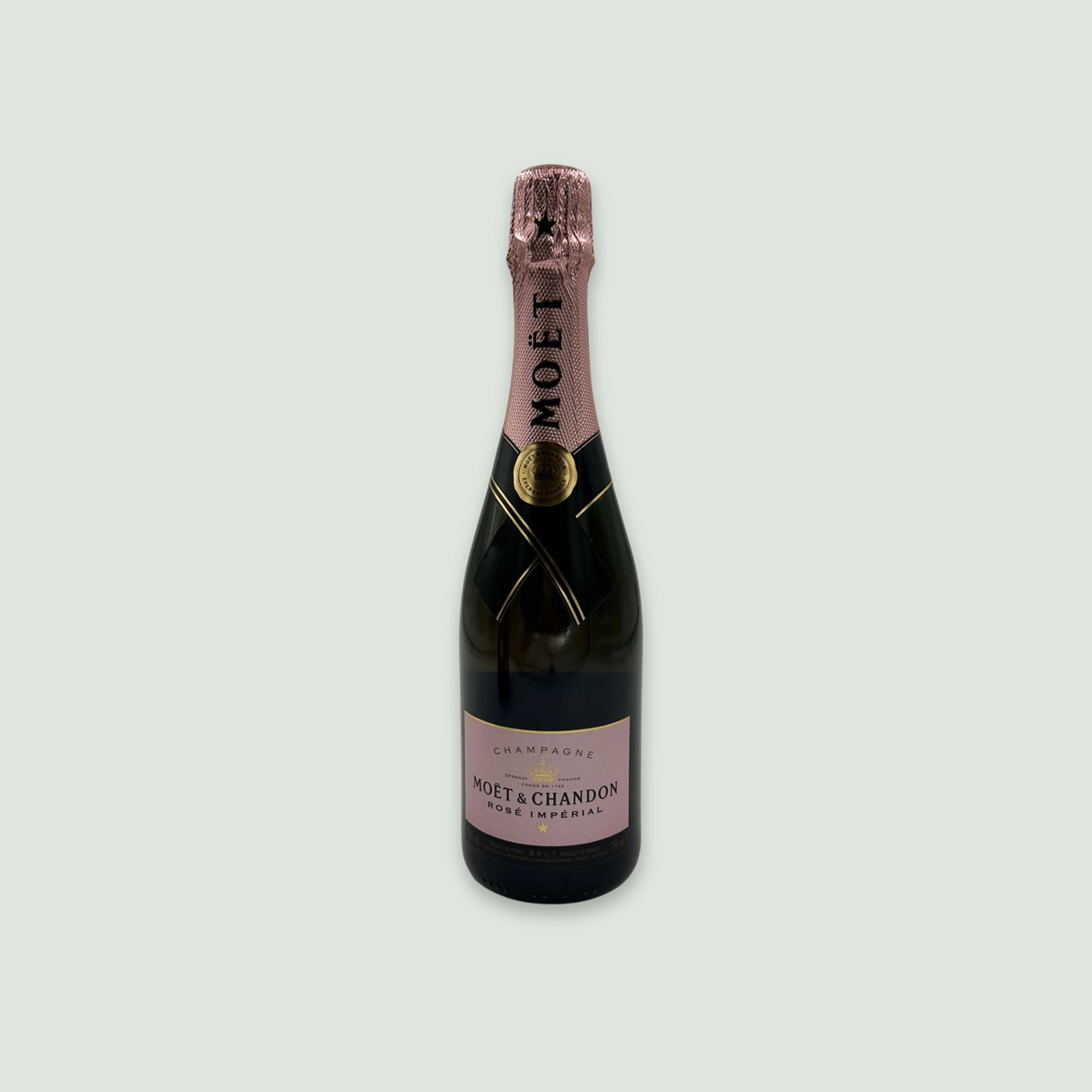 Front view of Moët Rosé Impérial Champagne bottle with pink and gold accents.