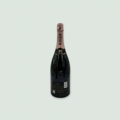 Back view of Moët Rosé Impérial Champagne bottle showcasing the detailed back label.