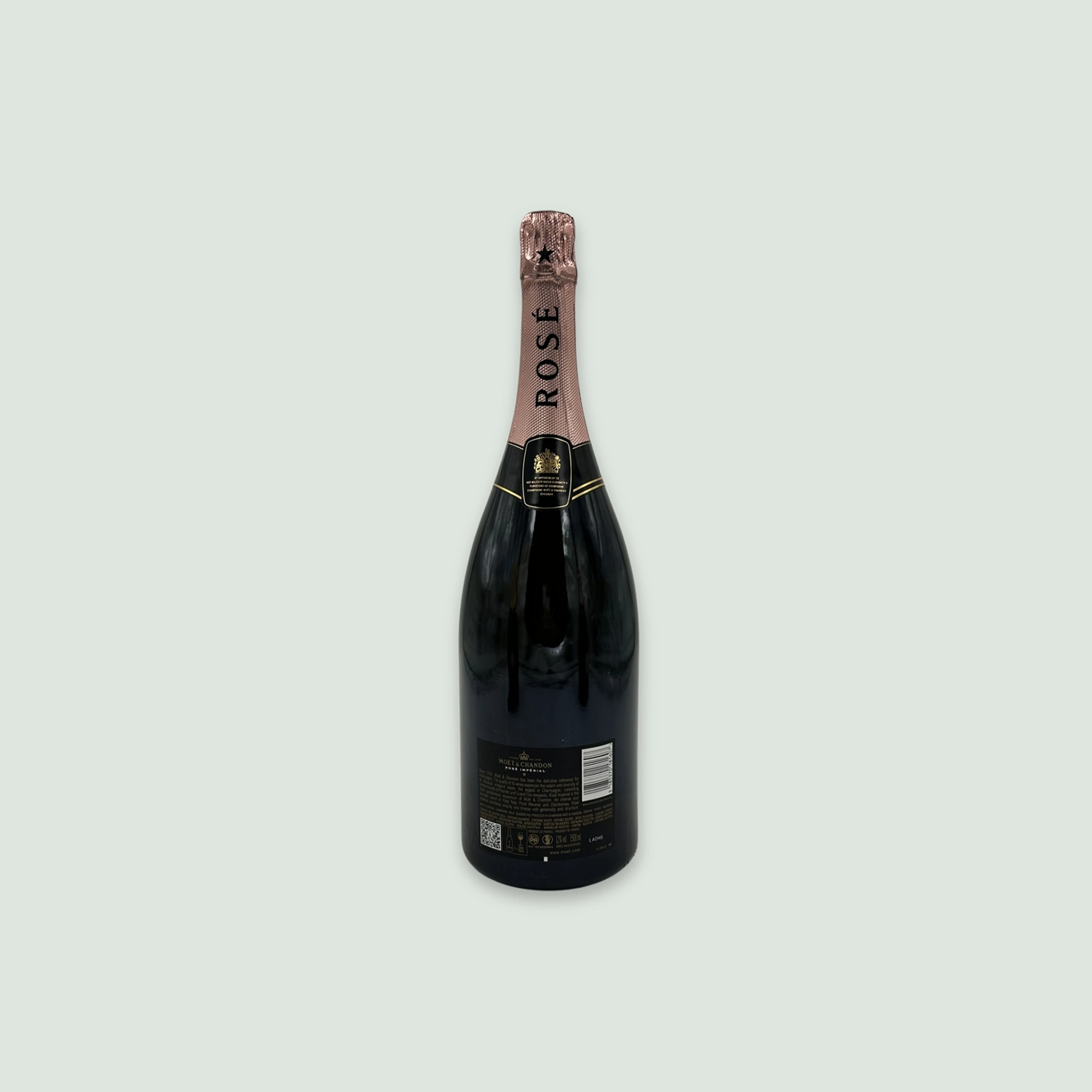 Back view of Moët Rosé Impérial Champagne bottle showcasing the detailed back label.