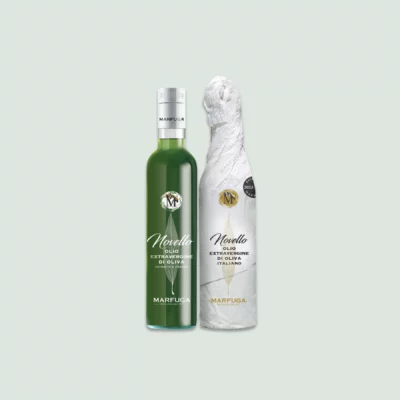 Front view of the Marfuga Novello Extra Virgin Olive Oil bottle, showcasing its elegant design and vibrant green color.
