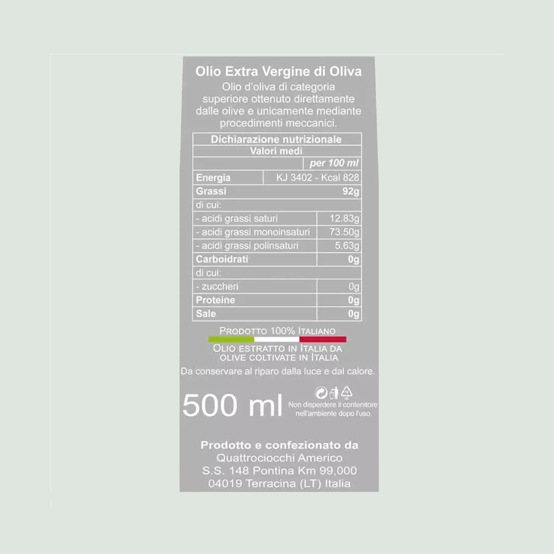 Quattrociocchi 1°Olio Novello extra virgin olive oil bottle (500ml) label