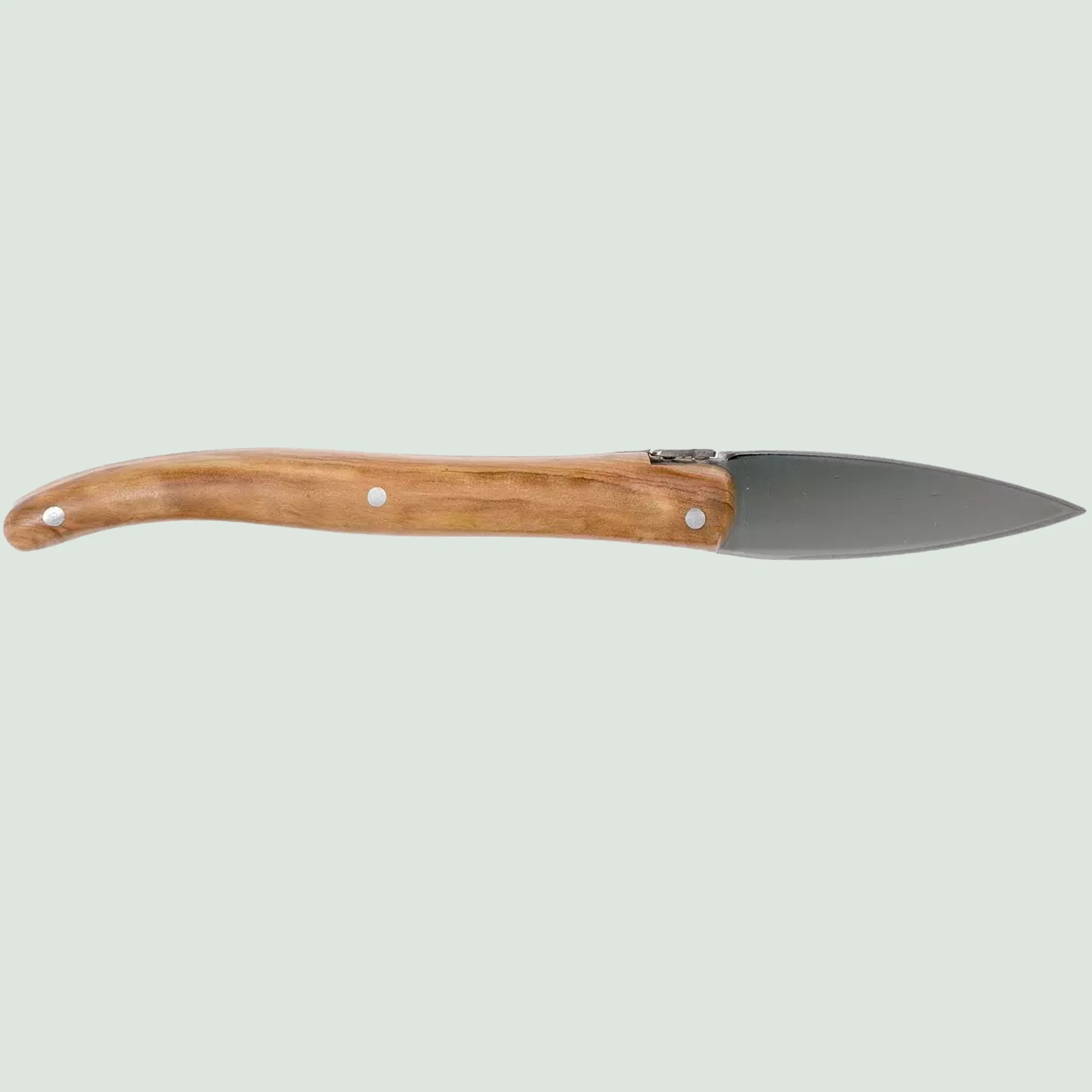 Handcrafted oyster knife resting on oyster holder with olive wood handle detail