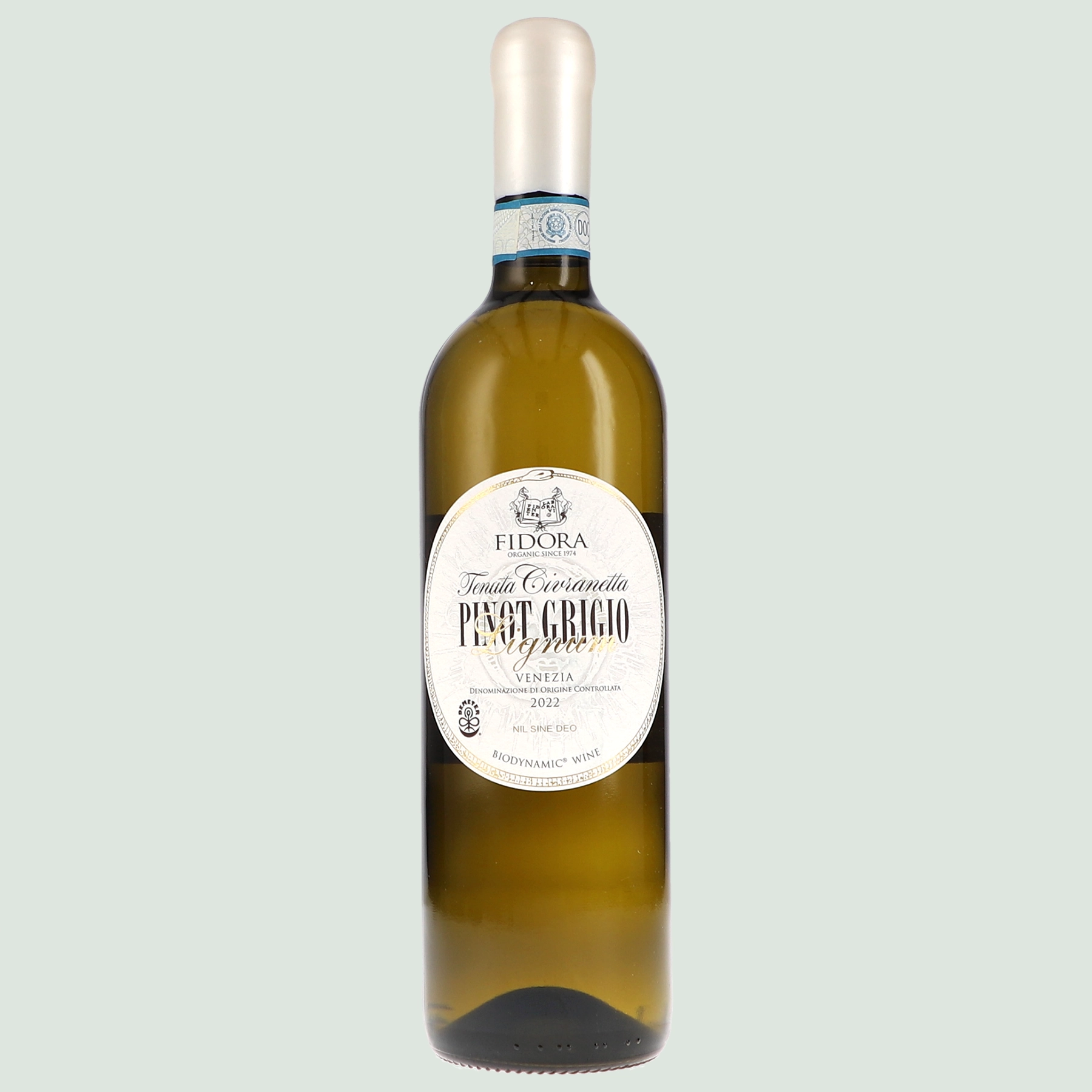 Front label of Pinot Grigio DOC Venezia Lignum bottle, aged Italian white wine from Venice mainland.