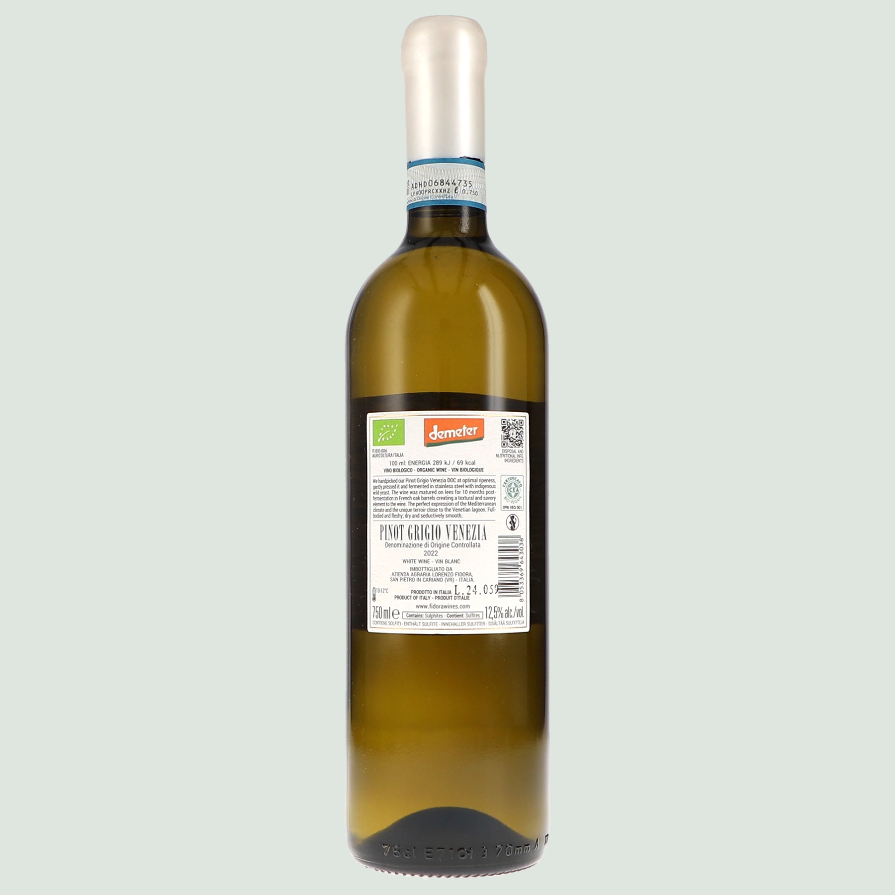 Back label of Pinot Grigio DOC Venezia Lignum showing wine details and organic certification.