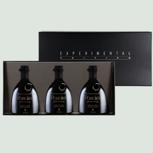 Front view of the Greek Olive Oil Experimental Edition package with three 250ml bottles.
