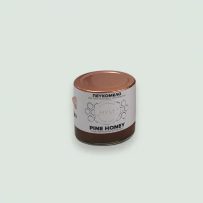 Wild Pine Honey 100g jar with dark amber color and rustic label from the foothills of Olympus, Greece.