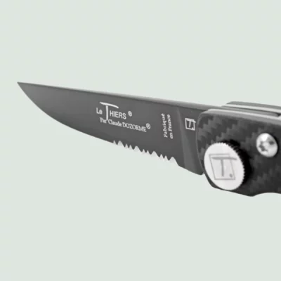 Thiers Design pocket knife with black blade and matte black handle by Claude Dozorme