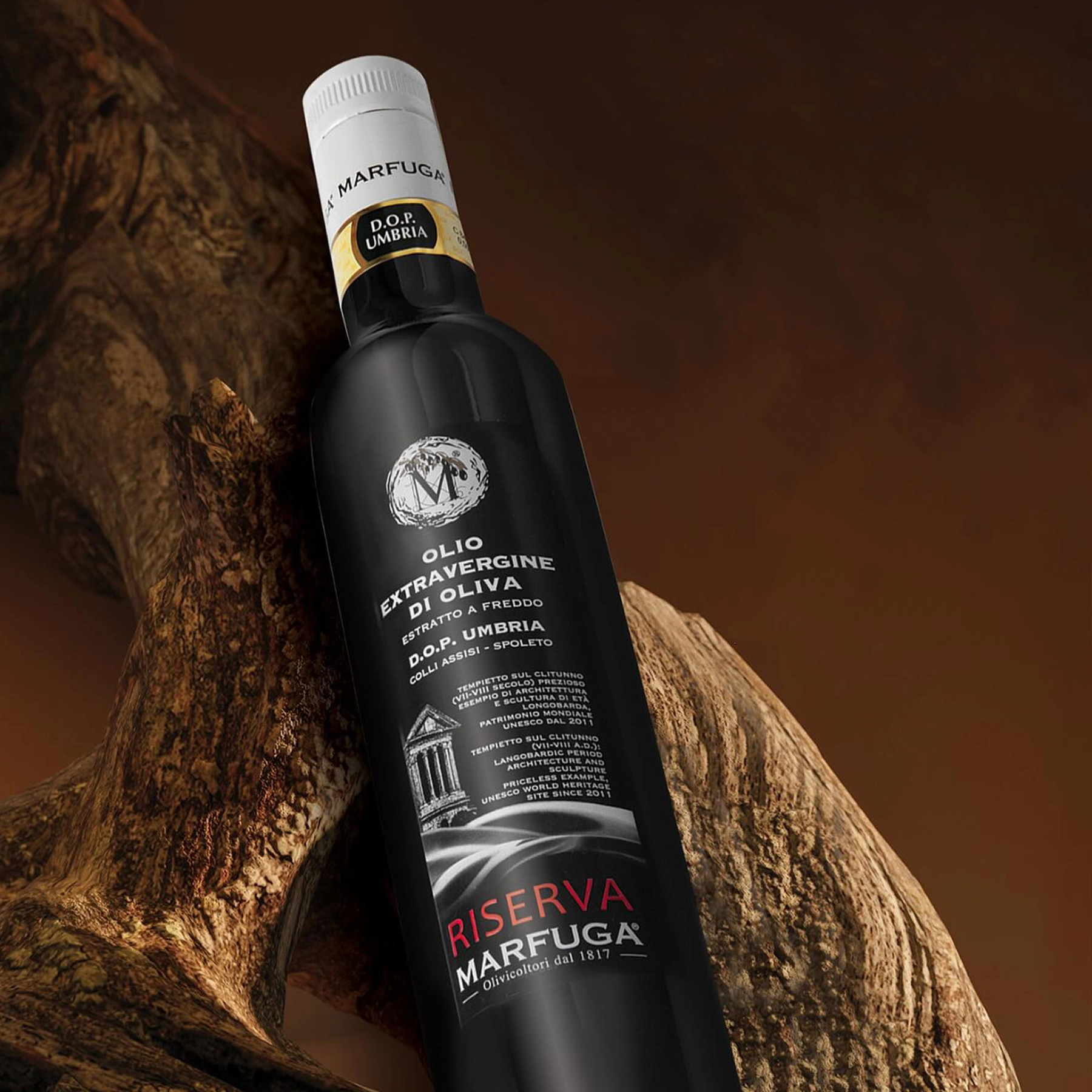 Riserva Marfuga Organic EVOO on a wood