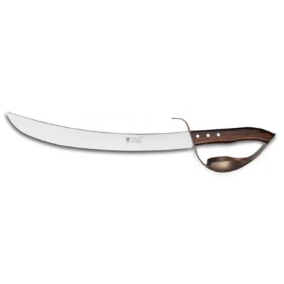 Close-up of green rosewood handle and bronze hilt with braided strap