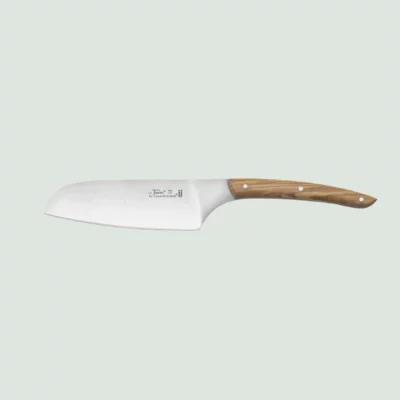 Close-up of Le Thiers® Santoku knife featuring olive wood handle