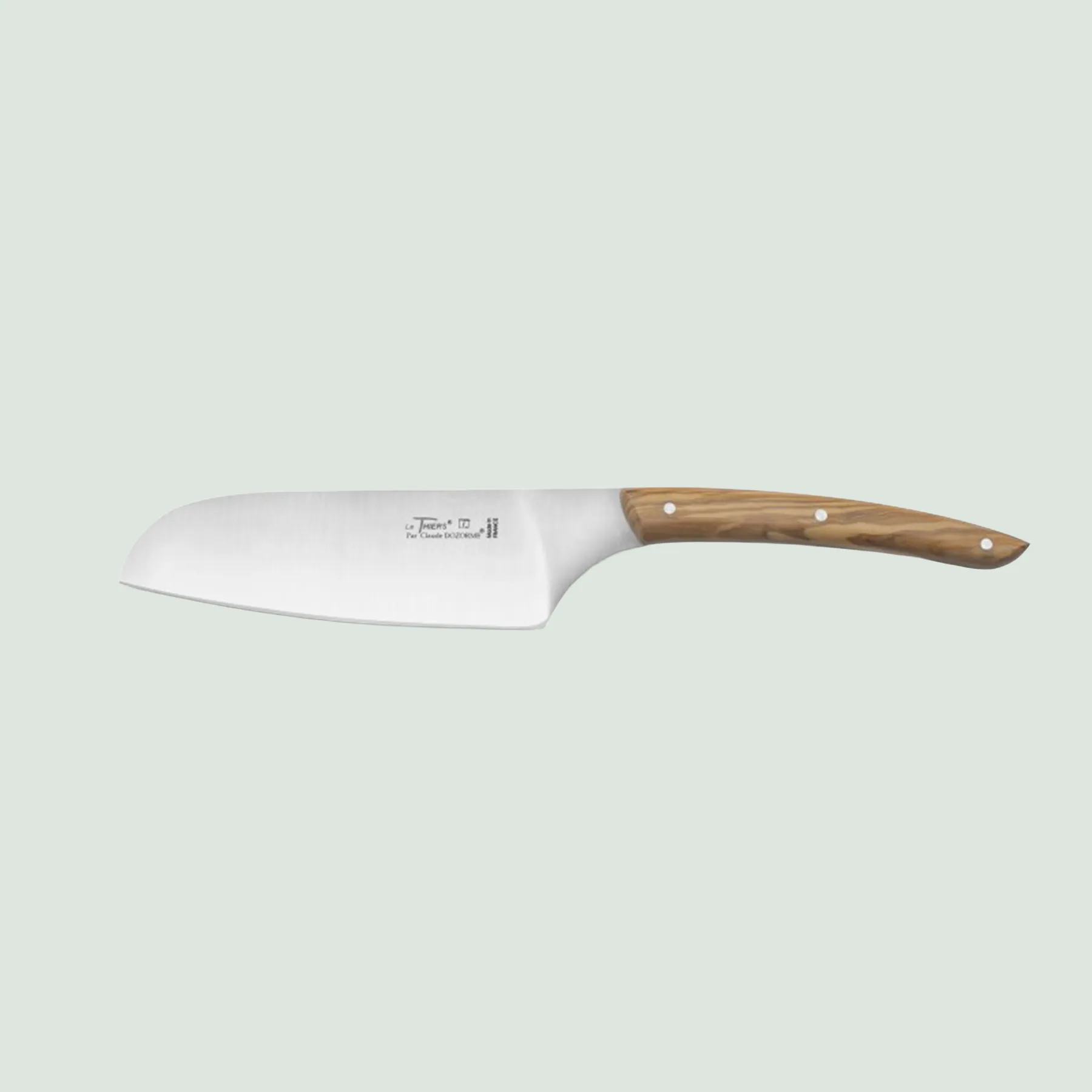 Close-up of Le Thiers® Santoku knife featuring olive wood handle