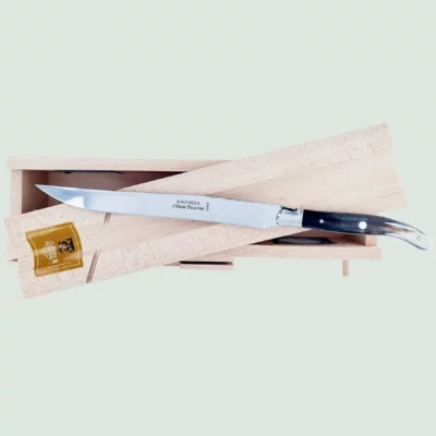 Laguiole sausage box set with carving knife, black horn handle, and beech wood base