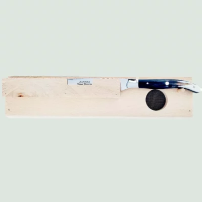 Close-up of carving knife with black horn handle and stainless steel bolster