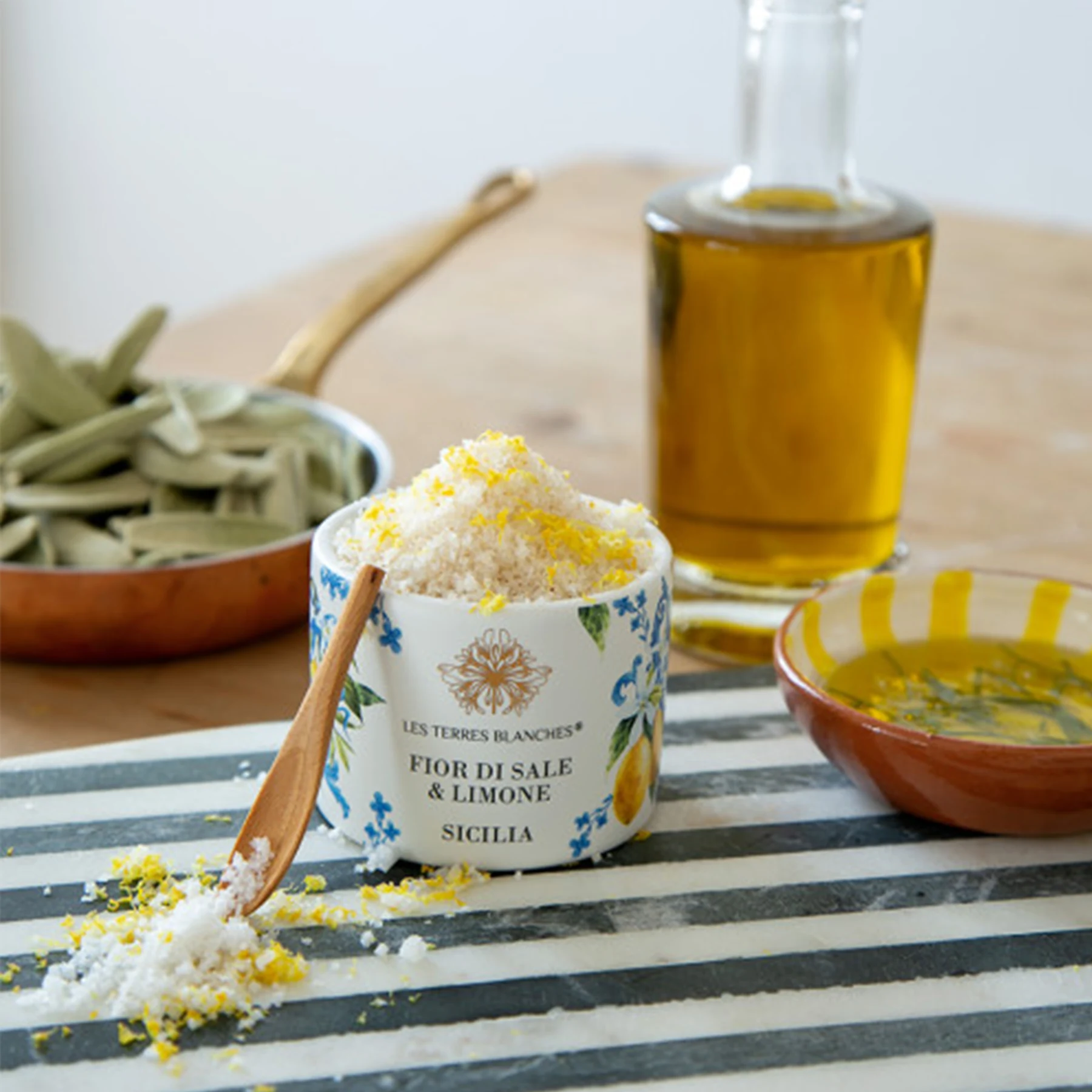 Close-up of lemon-infused fleur de sel crystals