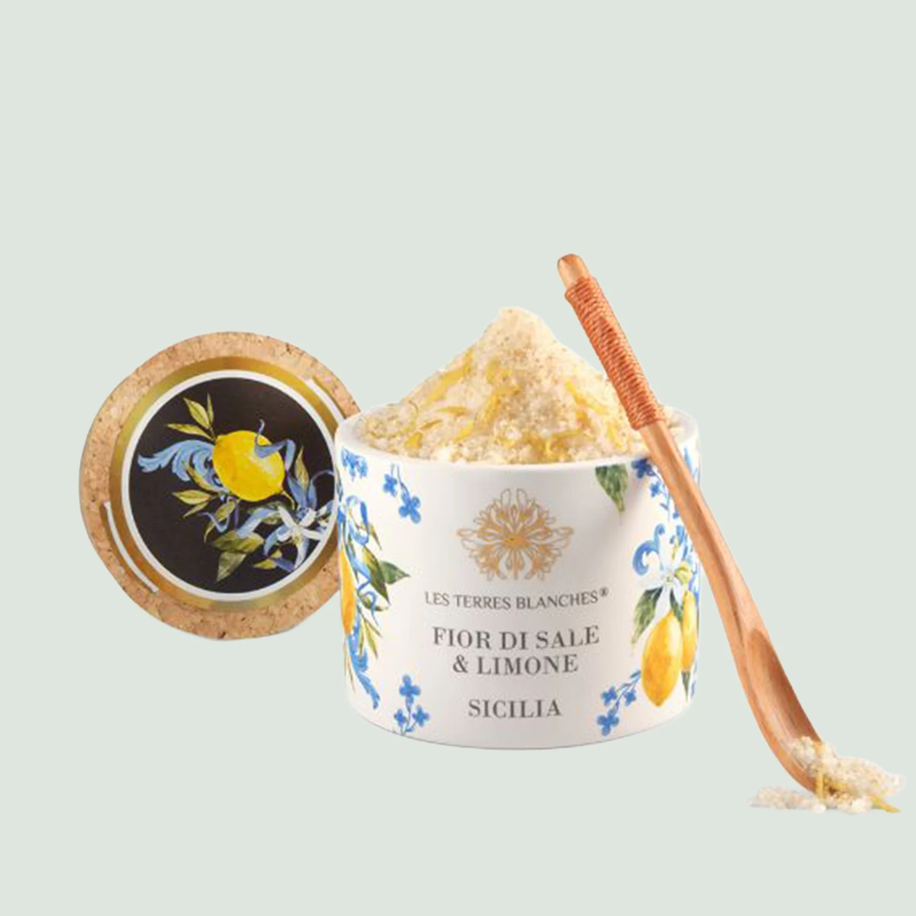 Lemon Salt Fior di Sale Sicilia in yellow ceramic pot with spoon