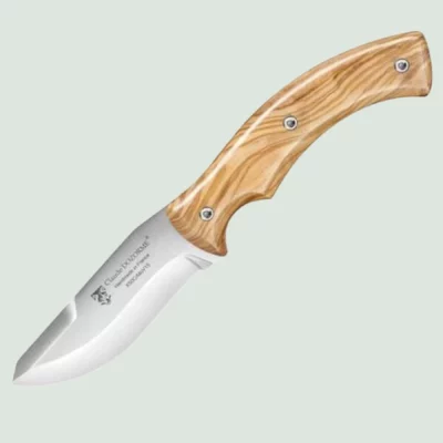 Claude Dozorme skinning knife with olive wood handle and leather sheath