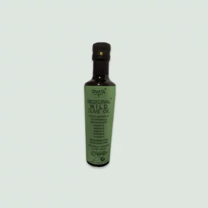 Bottle of Sparta Green Medicinal Olive Oil, showcasing its premium quality and organic certification, with a label emphasizing its natural production methods and health benefits.
