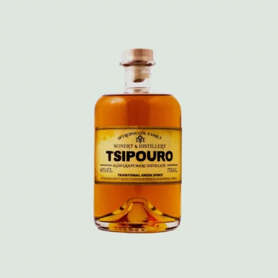 A 500ml bottle of Spyropoulos Aged Tsipouro, crafted from 100% Savatiano grapes. The bottle showcases the premium quality of this traditional Greek spirit.