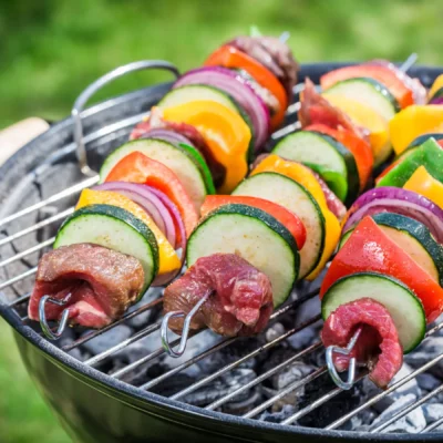 Stainless Steel Skewers with Grilled Meat and Vegetables