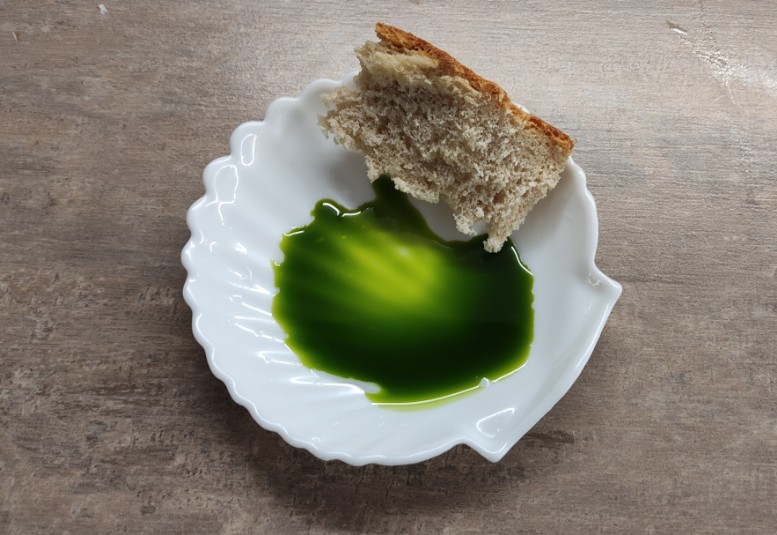 sparta Greek Olive Oil tasting with a piece of bread in a white plate seeing its dark green colour