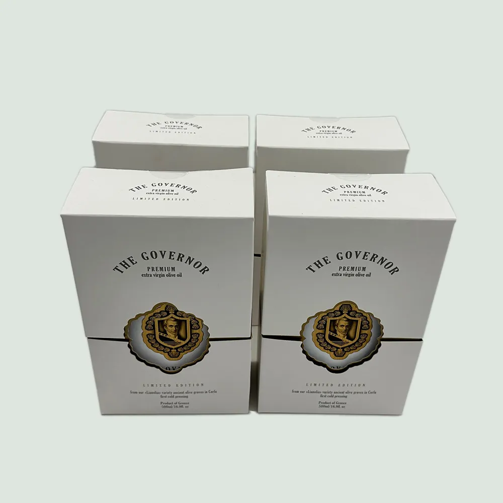 A front view of The Governor Premium Limited Edition Pack, featuring four bottles of high phenolic olive oil from Corfu, Greece.