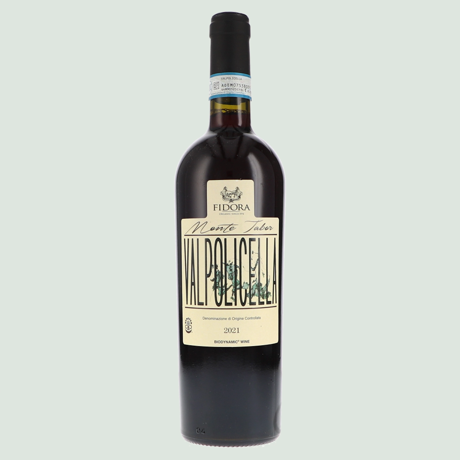 Front view of Valpolicella DOC Italian wine bottle with elegant label highlighting its origin and character