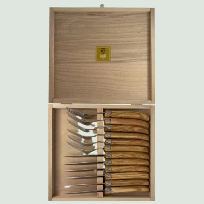 Set of 6 Laguiole steak knives and 6 forks with olive wood handles in gift box