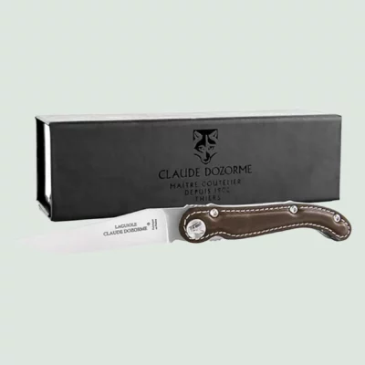 Scrapper Laguiole pocket knife with brown leather handle – open view