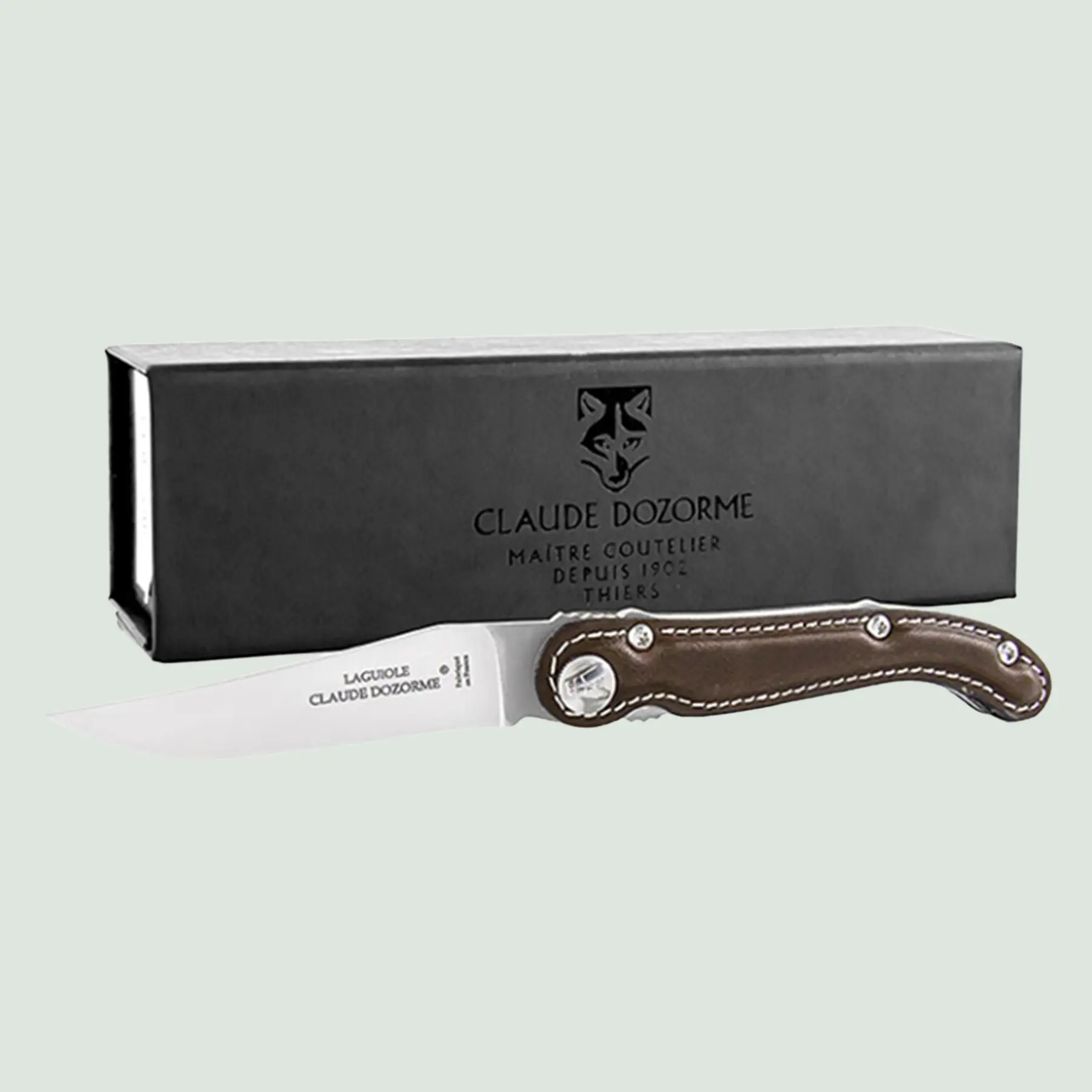 Scrapper Laguiole pocket knife with brown leather handle – open view