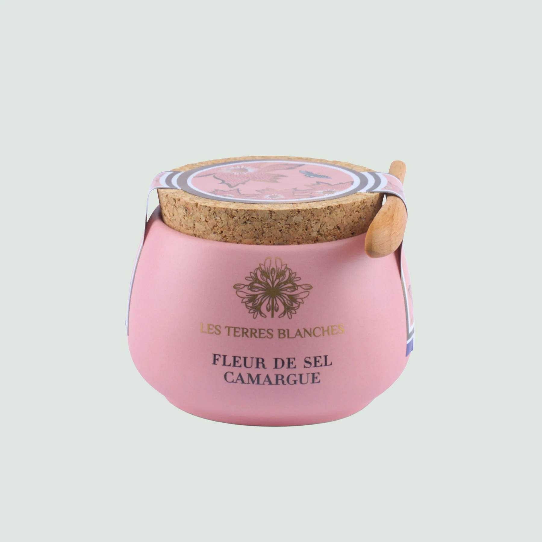 Pink Salt Fleur de Sel from Camargue in ceramic jar with spoon – front view