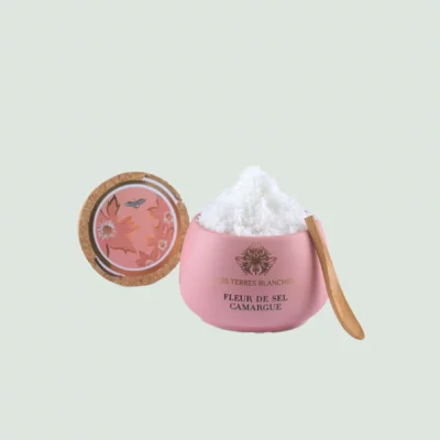 Pink Salt Fleur de Sel from Camargue in ceramic jar with spoon – open jar