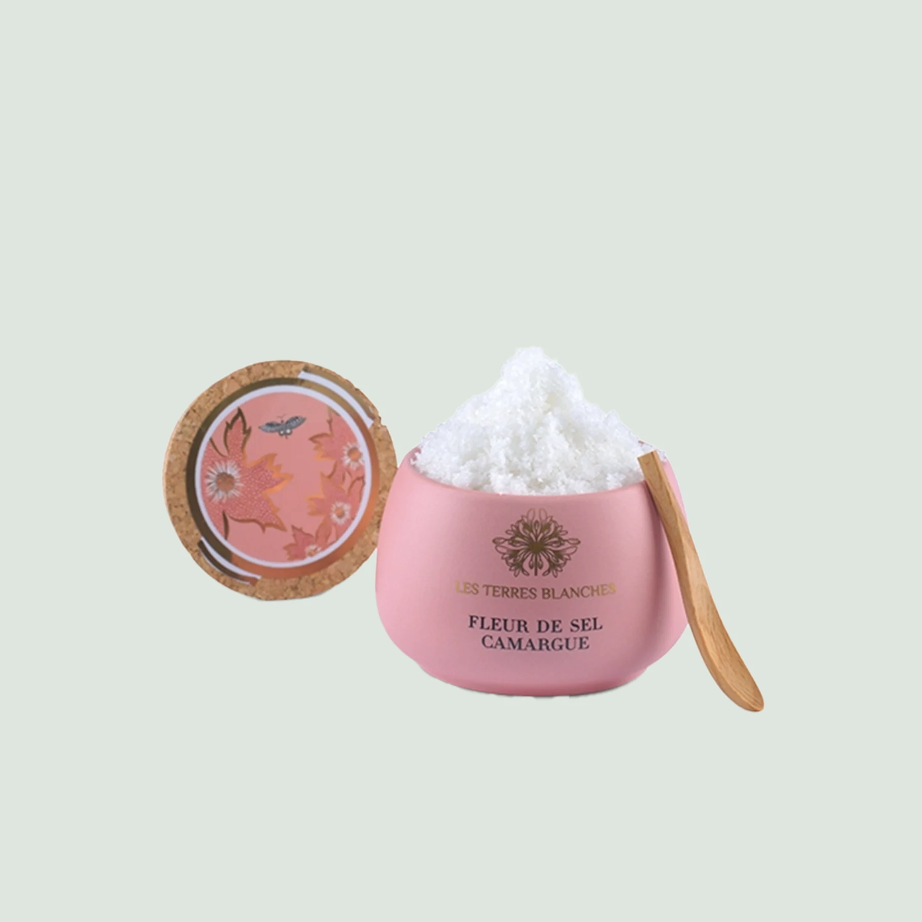 Pink Salt Fleur de Sel from Camargue in ceramic jar with spoon – open jar