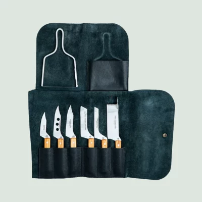 Set of six cheese knives and foie gras lyra with olive wood handles in leather case