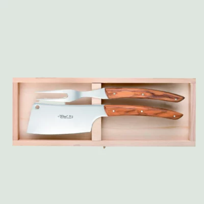 Le Thiers cheese cleaver and fork with olive wood handles