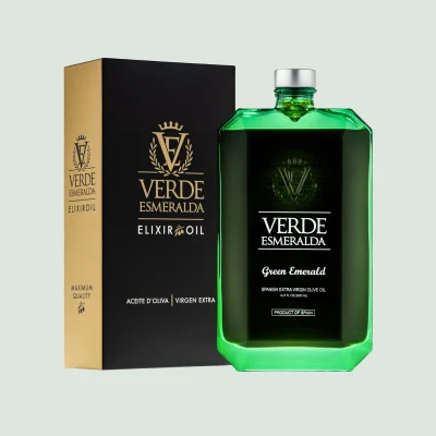 Green Emerald Picual extra virgin olive oil 500ml in emerald glass bottle by Verde Esmeralda