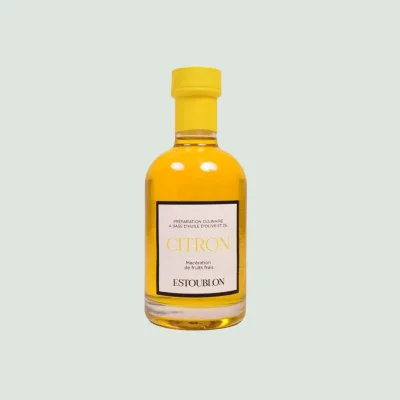 Lemon-infused olive oil bottle with bright citrus notes and refreshing Mediterranean flavor