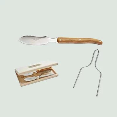 Foie gras lyra knife with olive wood handle and stainless steel bolster, close-up