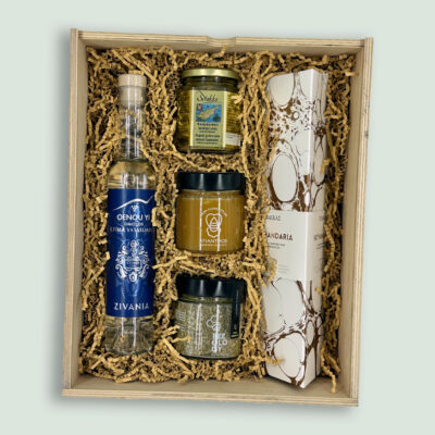 Wooden Box 38: Traditional Cypriot Products | zivania | commandaria | wild oregano | organic honey | Olive tapenade