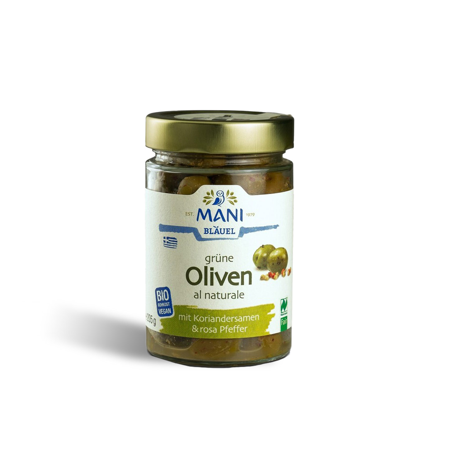 Mani Blauel Green Olives with Coriander seed & Pink Peppercorns