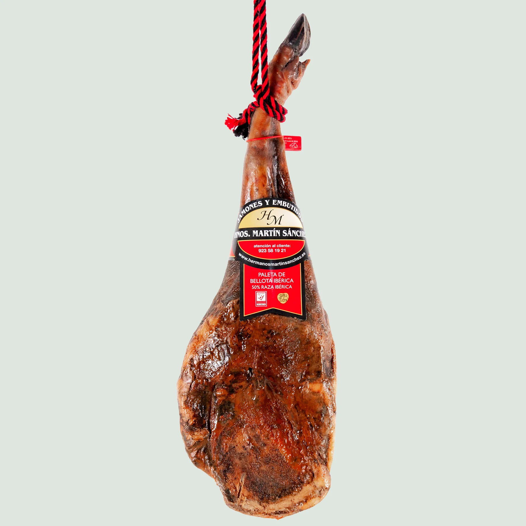 Whole Jamón Gran Reserva ham leg with visible marbling and natural 12-month curing