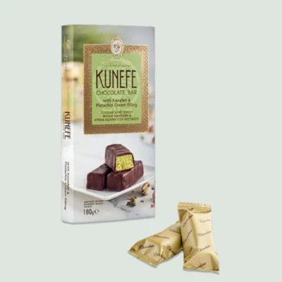 Elegant packaging of the Laurence Kunefe chocolate bar by Laurence Galerie De Chocolat, featuring premium Belgian milk dubai chocolate