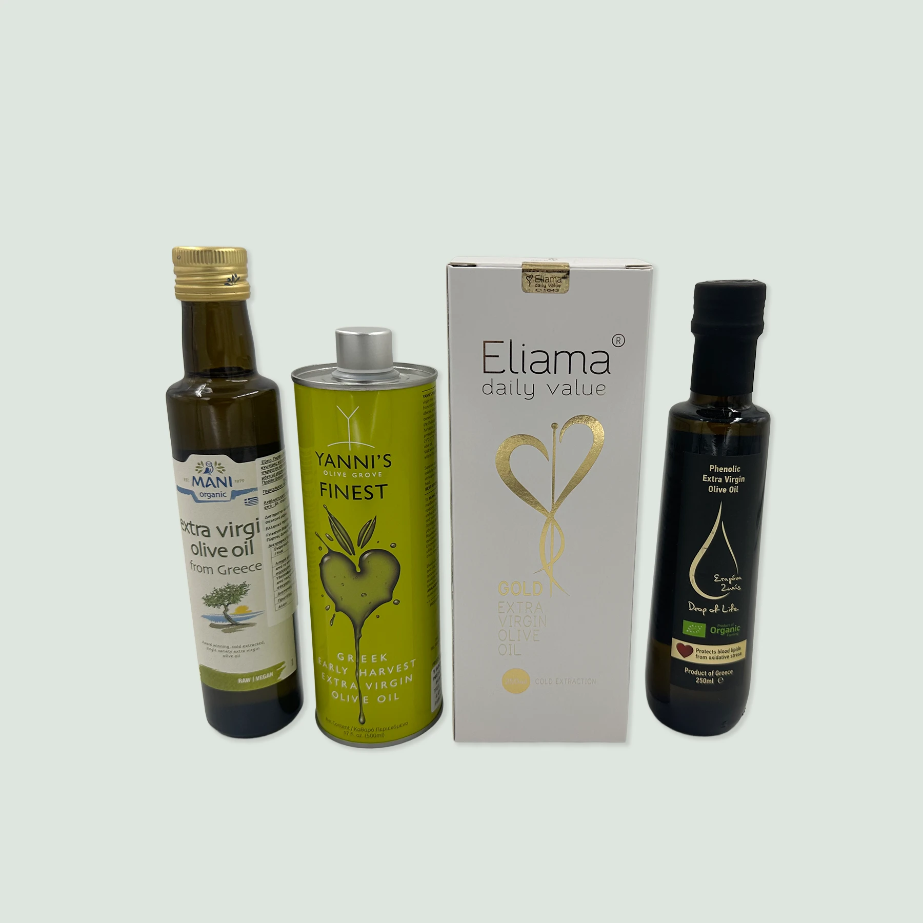 carefully curated selection includes four award-winning extra virgin olive oils, each chosen for their moderate to high phenolic content.