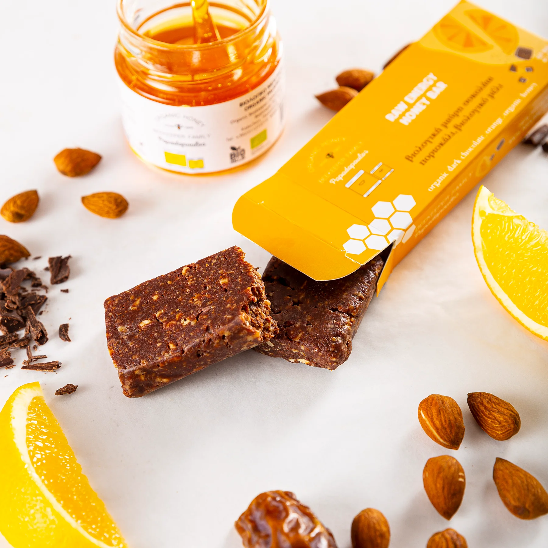 Organic dark chocolate and orange energy bar for daily nutrition