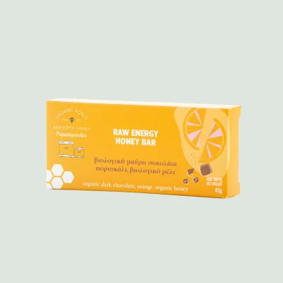 Organic energy bar with dark chocolate, orange, and honey by Beekeeper Family