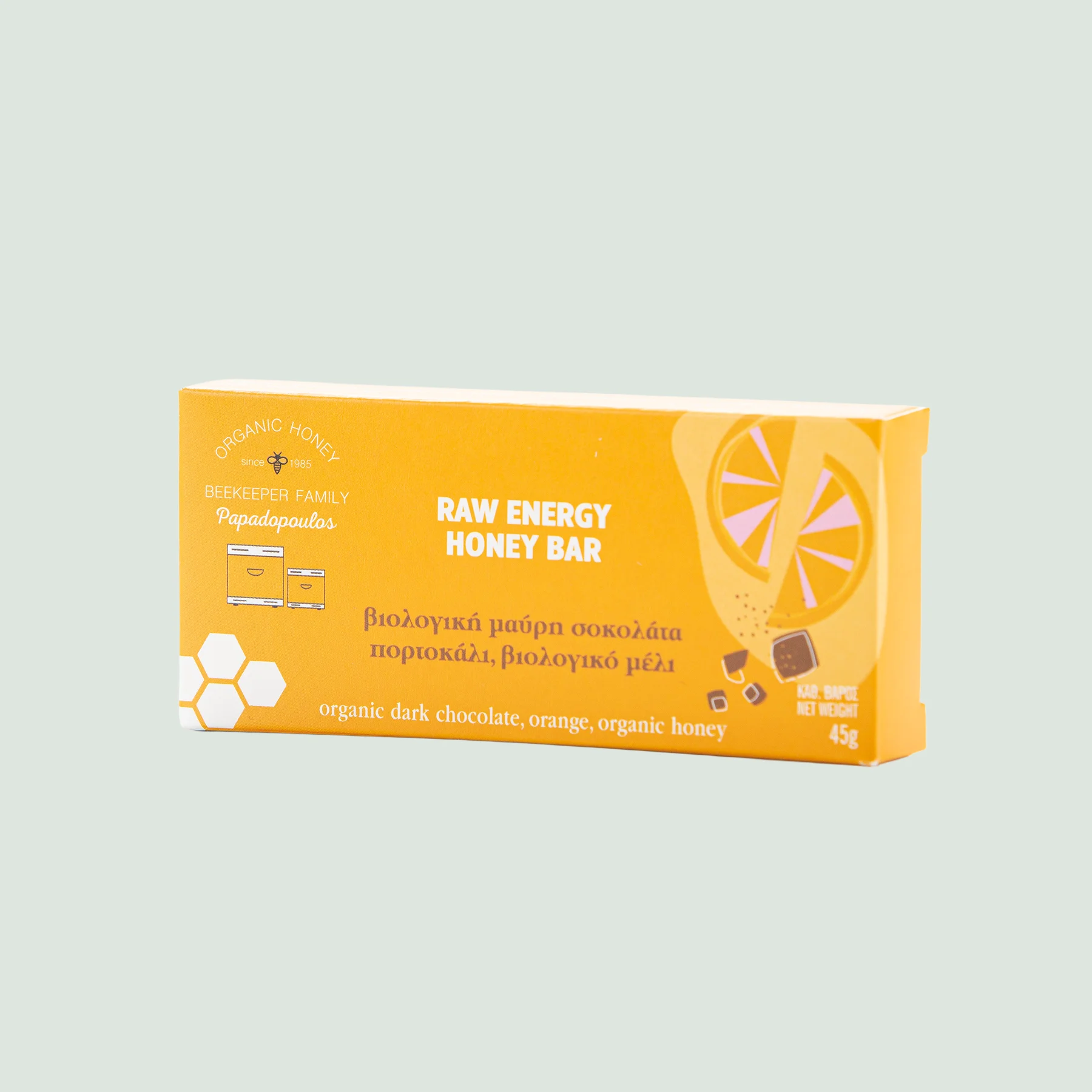 Organic energy bar with dark chocolate, orange, and honey by Beekeeper Family