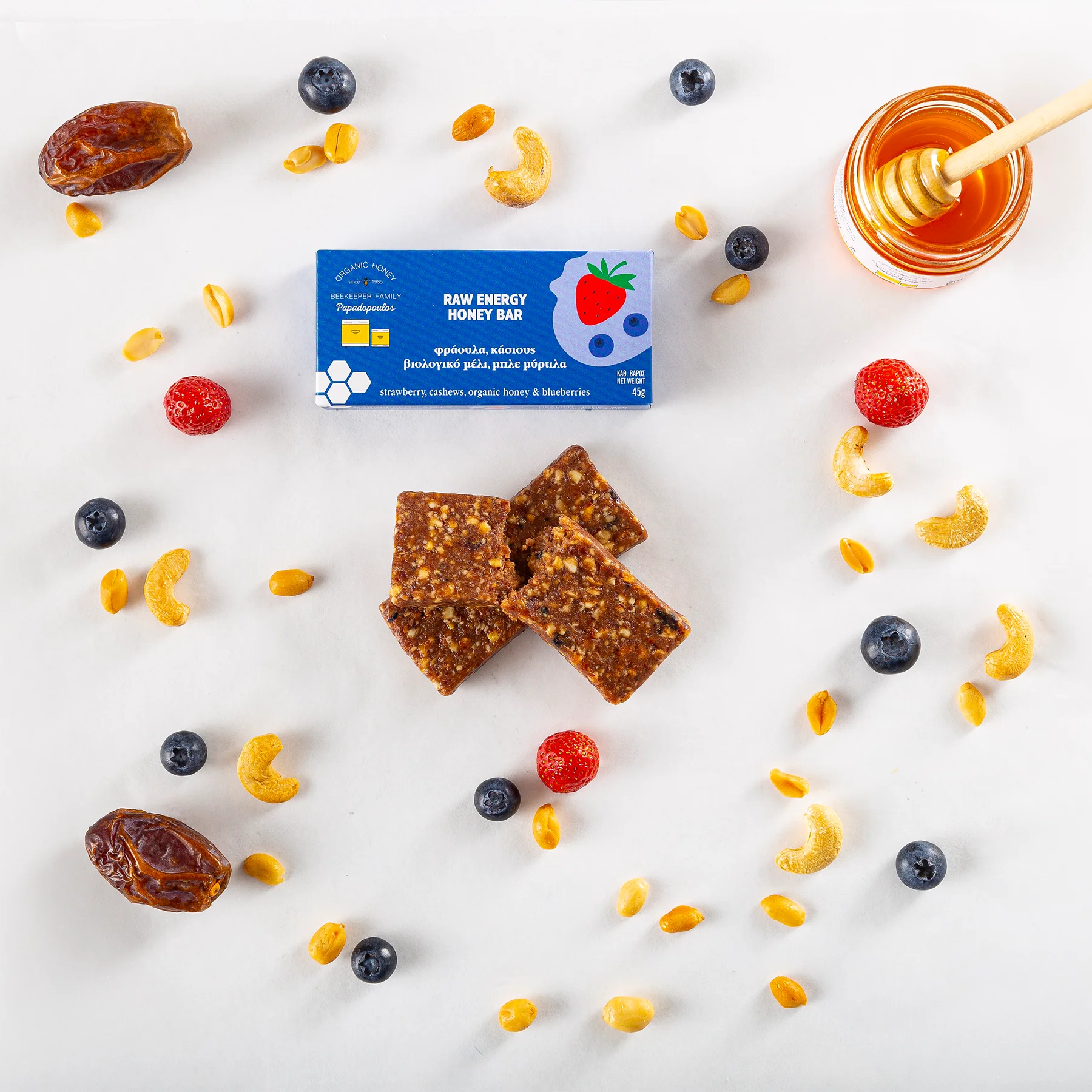 Healthy snack bar with strawberry, blueberry, and cashews for natural energy