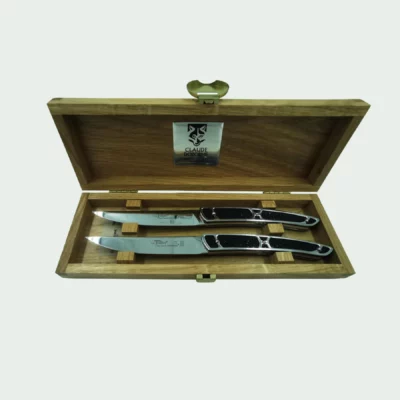 Set of 2 Thiers steak knives with black galuchat handles in oak wood box